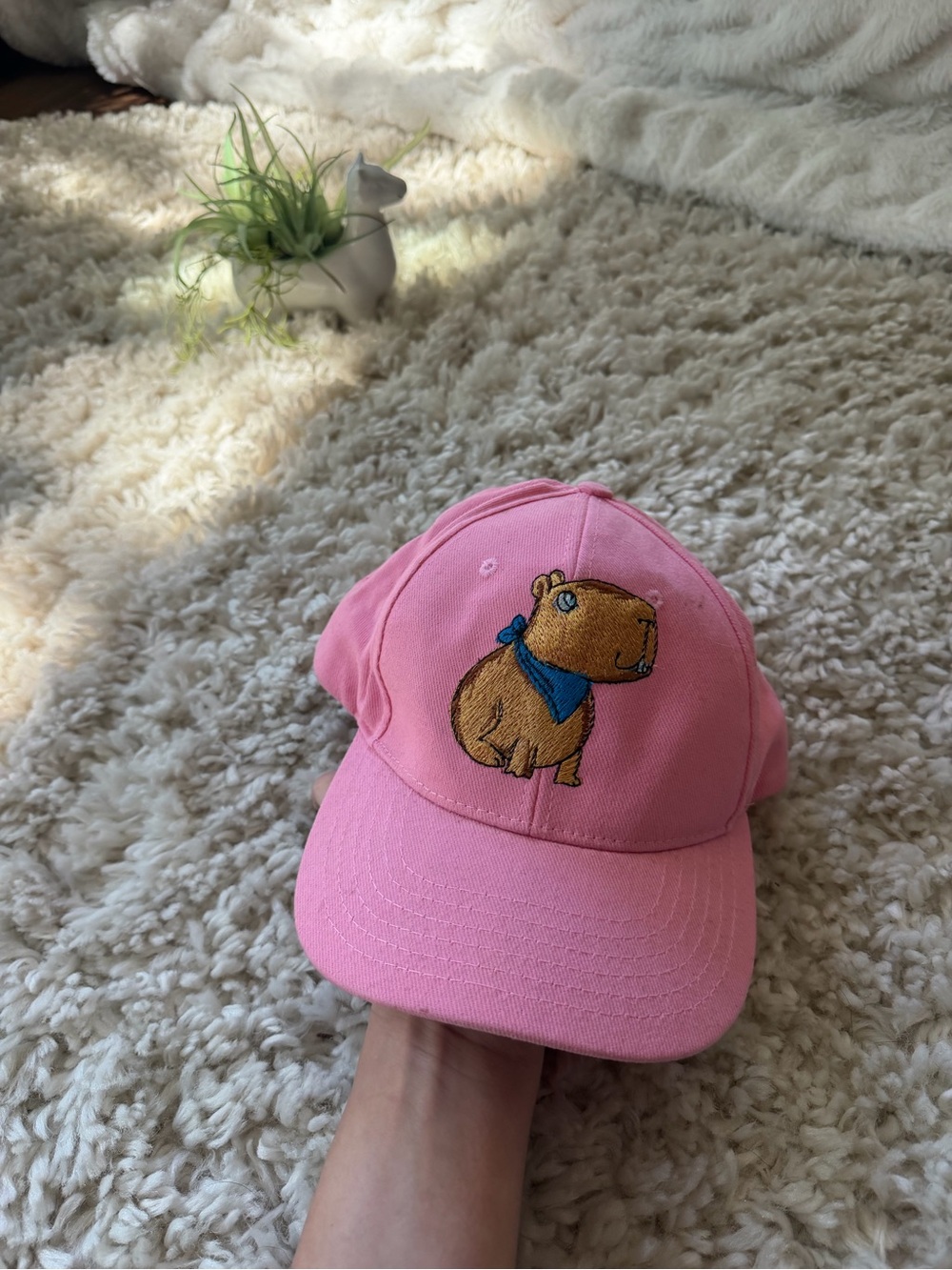 Pink Cap with Embroidered Capybara super cute unique hat with Accent
